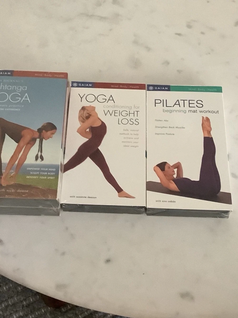 Gaiam Yoga & Pilates VHS Set - White Cover with Purple Apparel